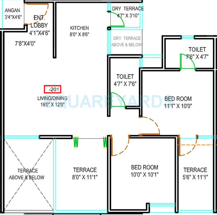 Floor plan of 2 BHK 553 Sq. Ft. Apartment in Majestique Landmark Euriska, Pune