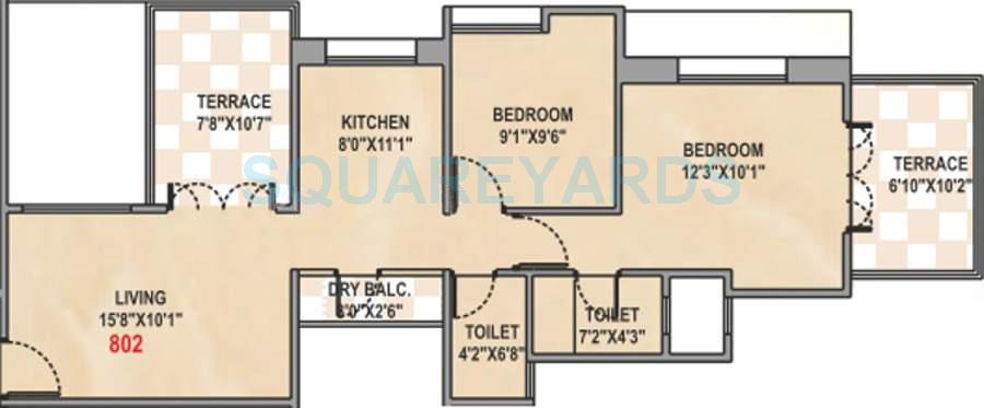 Floor plan of 2 BHK 1033 Sq. Ft. Apartment in Majestique Landmark Fifth Avenue, Pune