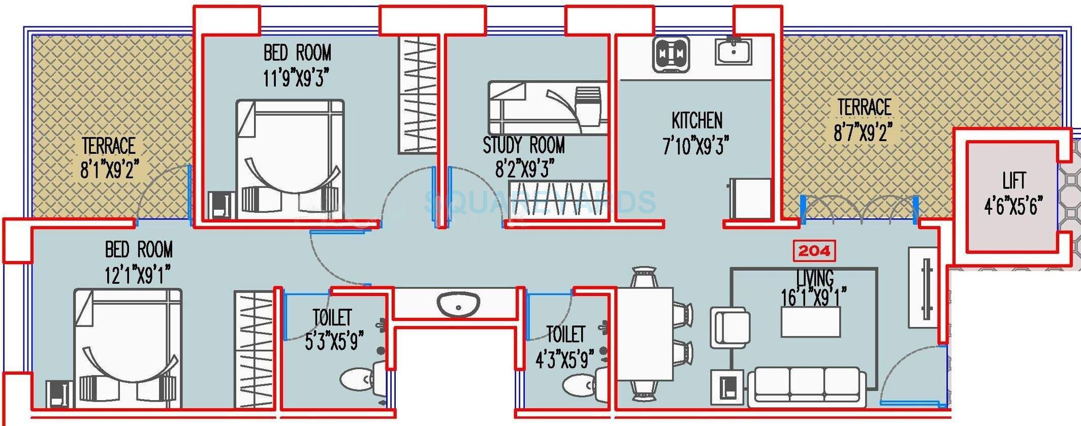 Floor plan of 2 BHK 1142 Sq. Ft. Apartment in Majestique Landmark Fifth Avenue, Pune