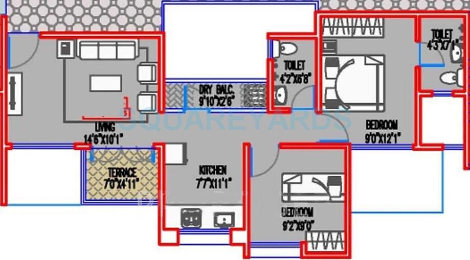 Floor plan of 2 BHK 803 Sq. Ft. Apartment in Majestique Landmark Fifth Avenue, Pune