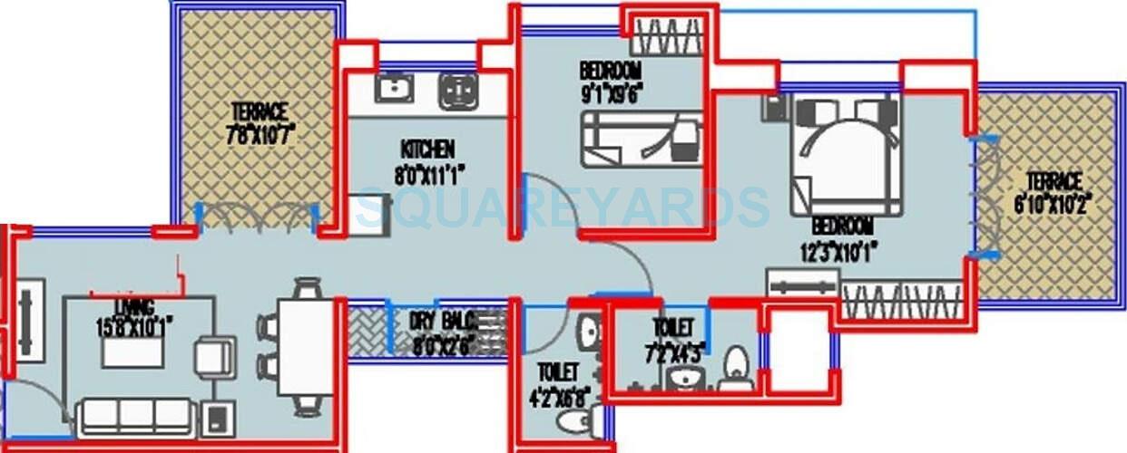 Floor plan of 2 BHK 978 Sq. Ft. Apartment in Majestique Landmark Fifth Avenue, Pune