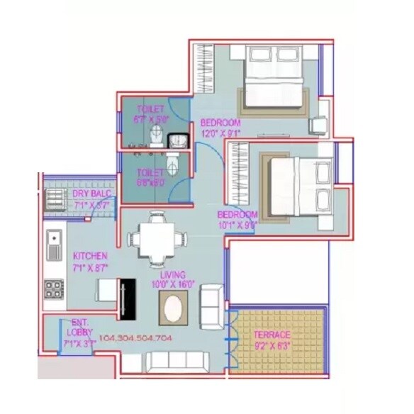 Floor plan of 2 BHK 844 Sq. Ft. Apartment in Majestique Landmark Imperia, Pune