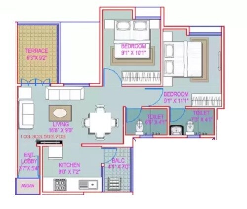 Floor plan of 2 BHK 854 Sq. Ft. Apartment in Majestique Landmark Imperia, Pune