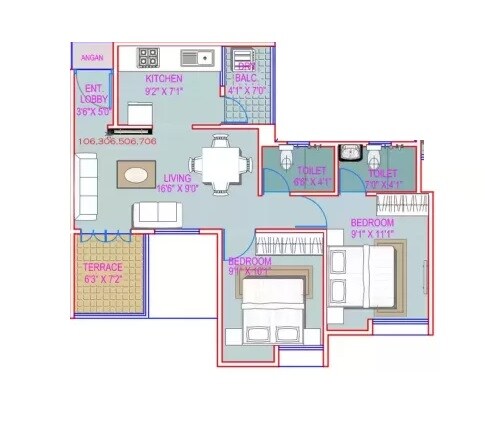 Floor plan of 2 BHK 862 Sq. Ft. Apartment in Majestique Landmark Imperia, Pune