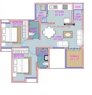 Floor plan of 2 BHK 907 Sq. Ft. Apartment in Majestique Landmark Imperia, Pune