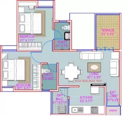 Floor plan of 2 BHK 909 Sq. Ft. Apartment in Majestique Landmark Imperia, Pune