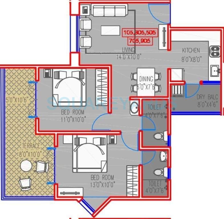 Floor plan of 2 BHK 1047 Sq. Ft. Apartment in Majestique Landmark Ira, Pune