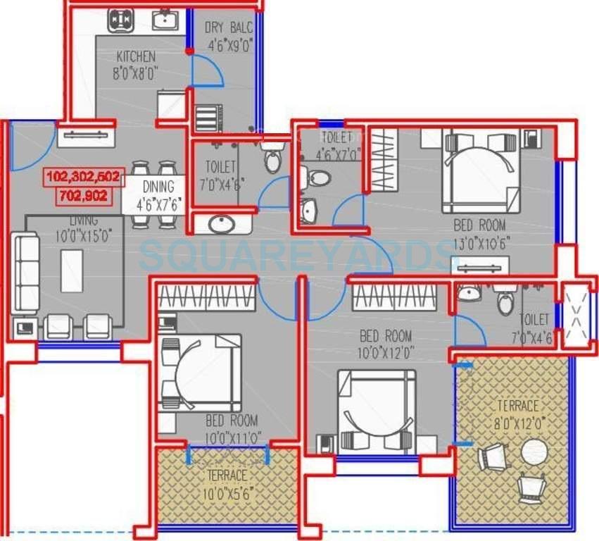Floor plan of 3 BHK 1314 Sq. Ft. Apartment in Majestique Landmark Ira, Pune