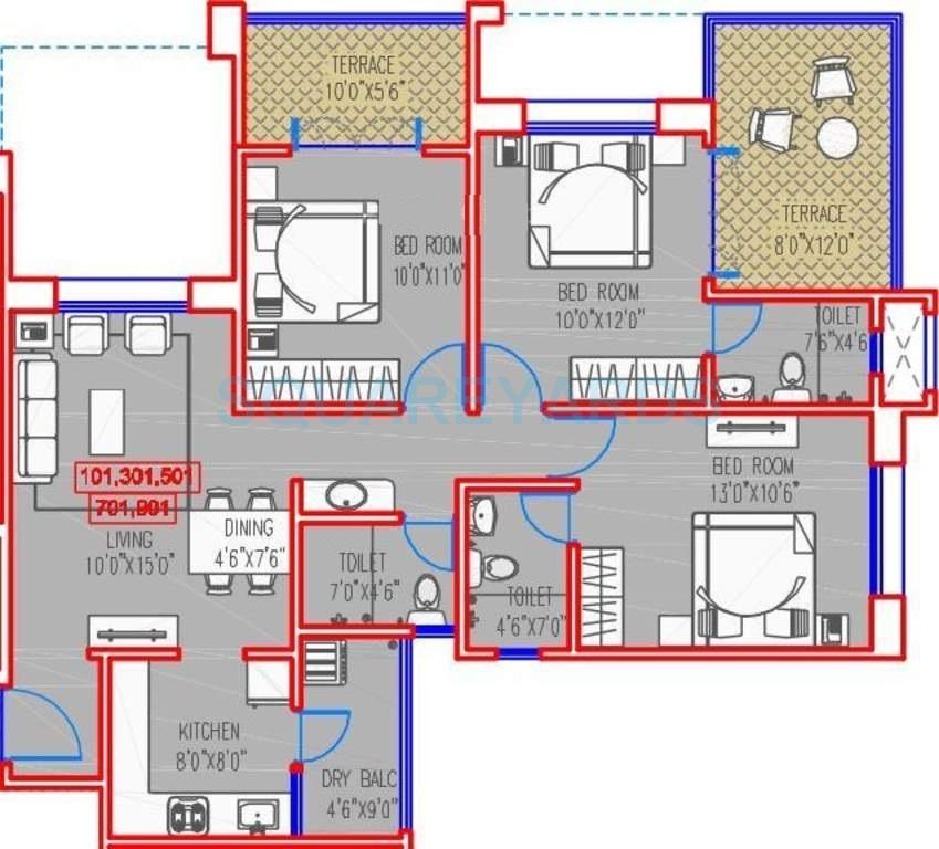 Floor plan of 3 BHK 1345 Sq. Ft. Apartment in Majestique Landmark Ira, Pune
