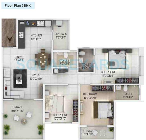 Floor plan of 3 BHK 1401 Sq. Ft. Apartment in Majestique Landmark Ira, Pune