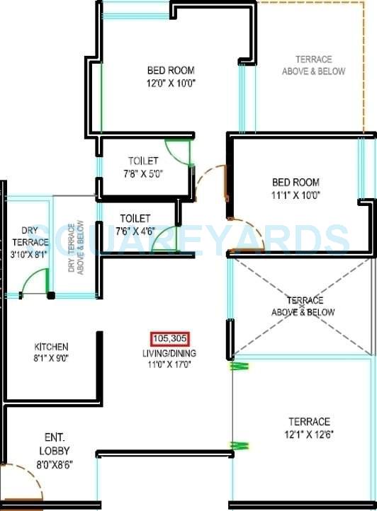 Floor plan of 2 BHK 1244 Sq. Ft. Apartment in Majestique Landmark Navkaar, Pune