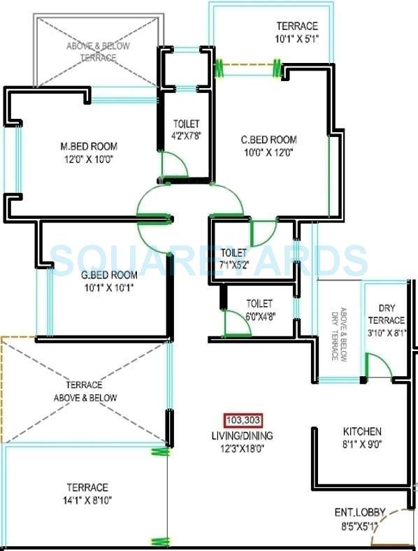 Floor plan of 3 BHK 1585 Sq. Ft. Apartment in Majestique Landmark Navkaar, Pune