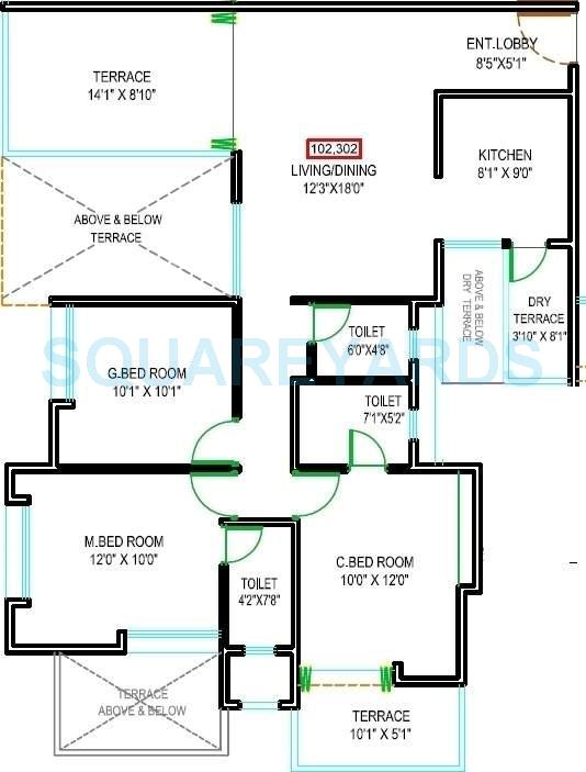 Floor plan of 3 BHK 1601 Sq. Ft. Apartment in Majestique Landmark Navkaar, Pune