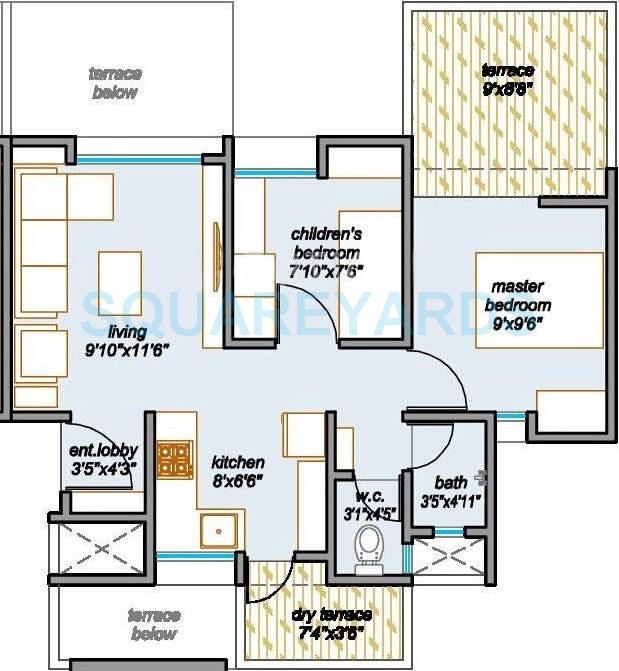 Floor plan of 2 BHK 775 Sq. Ft. Apartment in Majestique Landmark Palm Atlantis, Pune