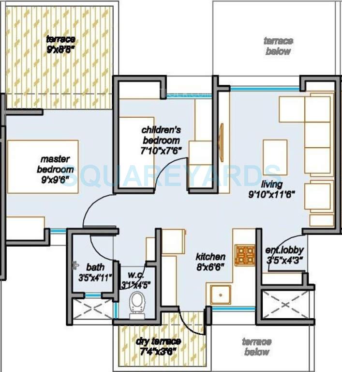 Floor plan of 2 BHK 789 Sq. Ft. Apartment in Majestique Landmark Palm Atlantis, Pune