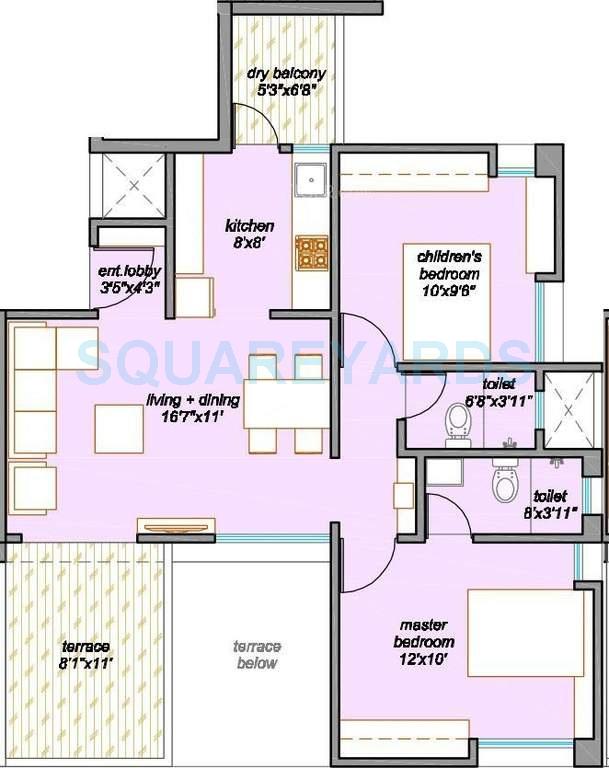 Floor plan of 2 BHK 1032 Sq. Ft. Apartment in Majestique Landmark Palm Atlantis, Pune