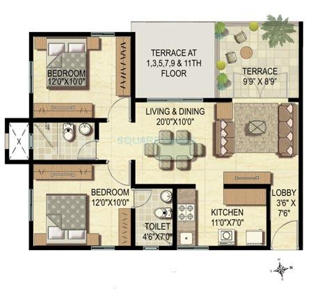 Floor plan of 2 BHK 1506 Sq. Ft. Apartment in Majestique Landmark Palm Atlantis, Pune