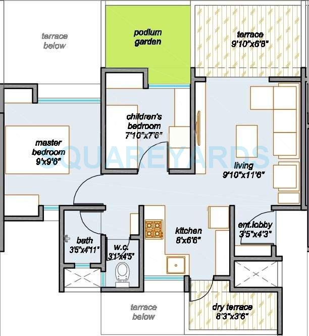 Floor plan of 2 BHK 802 Sq. Ft. Apartment in Majestique Landmark Palm Atlantis, Pune