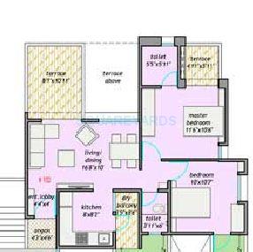Floor plan of 2 BHK 989 Sq. Ft. Apartment in Majestique Landmark Palm Atlantis, Pune