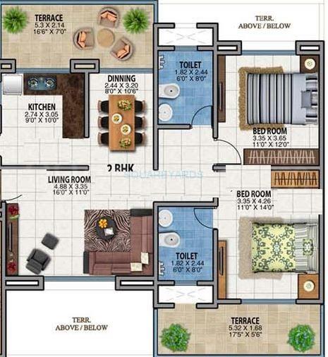 Floor plan of 2 BHK 1495 Sq. Ft. Apartment in Majestique Landmark Skypark, Pune