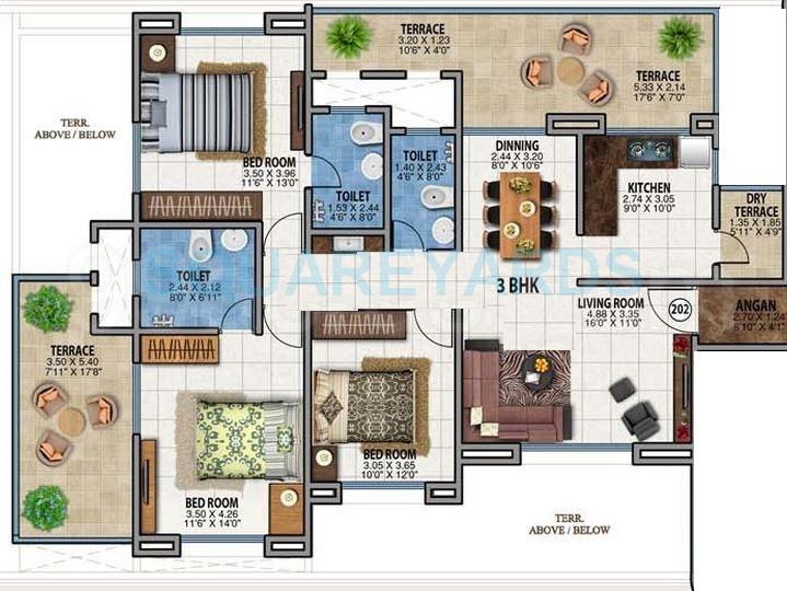 Floor plan of 3 BHK 3038 Sq. Ft. Apartment in Majestique Landmark Skypark, Pune