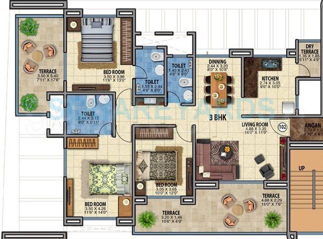 Floor plan of 3 BHK 1954 Sq. Ft. Apartment in Majestique Landmark Skypark, Pune