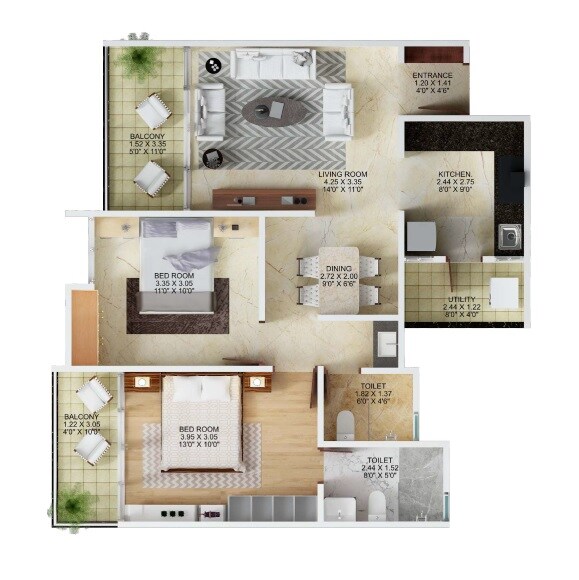 Floor plan of 2 BHK 662 Sq. Ft. Apartment in Majestique Marbella Phase 1, Pune