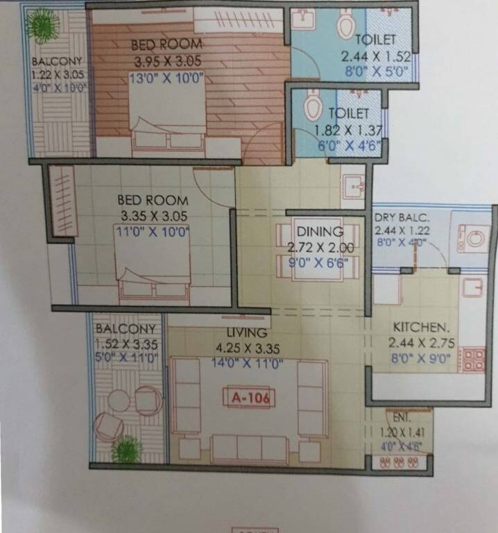 Floor plan of 2 BHK 734 Sq. Ft. Apartment in Majestique Marbella Phase 1, Pune