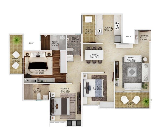 Floor plan of 3 BHK 1020 Sq. Ft. Apartment in Majestique Marbella Phase 1, Pune