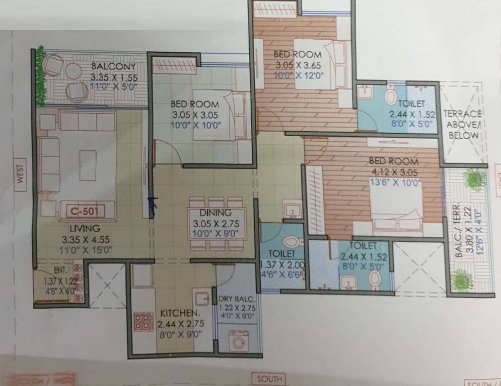 Floor plan of 3 BHK 853 Sq. Ft. Apartment in Majestique Marbella Phase 1, Pune