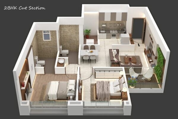 Floor plan of 2 BHK 674 Sq. Ft. Apartment in Majestique Mayberry, Pune