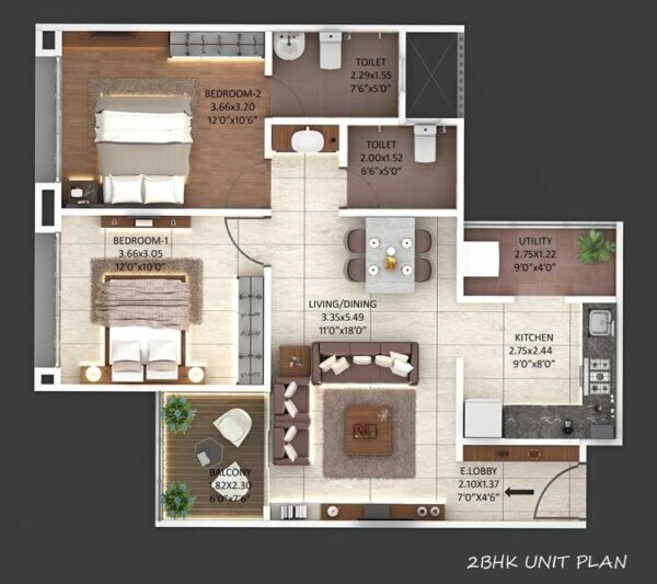 Floor plan of 2 BHK 733 Sq. Ft. Apartment in Majestique Mayberry, Pune