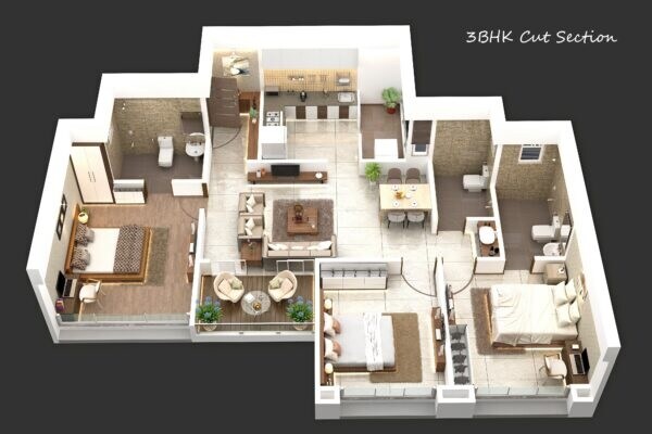 Floor plan of 3 BHK 914 Sq. Ft. Apartment in Majestique Mayberry, Pune