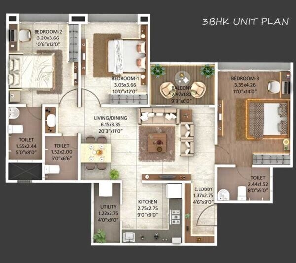 Floor plan of 3 BHK 955 Sq. Ft. Apartment in Majestique Mayberry, Pune