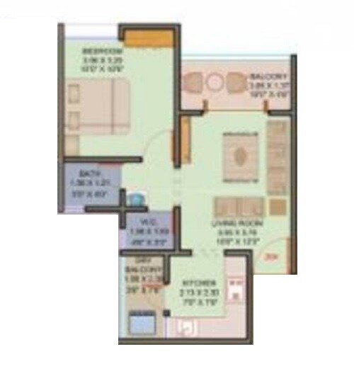 Floor plan of 1 BHK 369 Sq. Ft. Apartment in Majestique Mrugavarsha, Pune