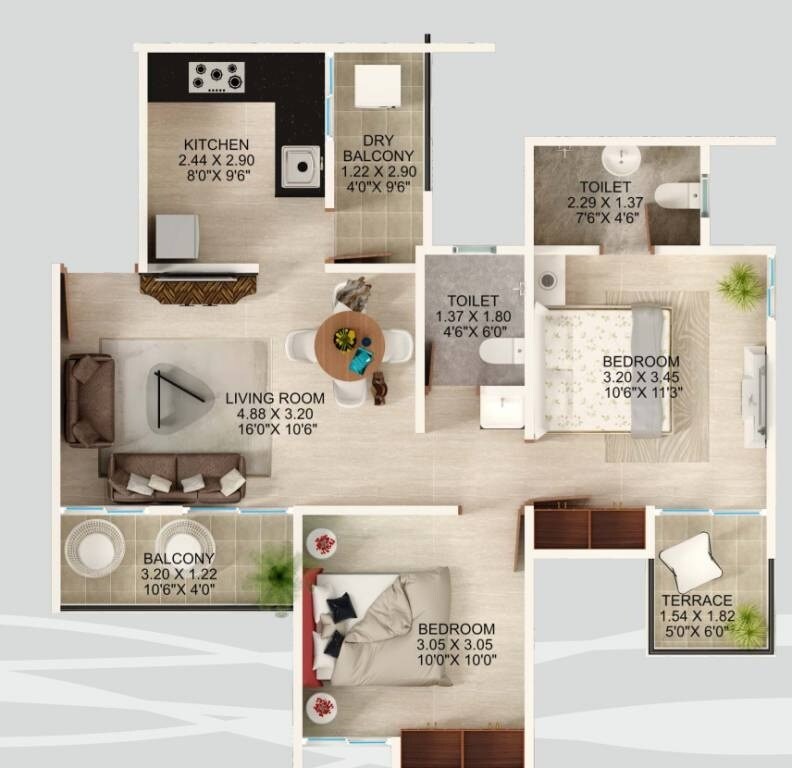 Floor plan of 2 BHK 617 Sq. Ft. Apartment in Majestique Nest Building A, Pune