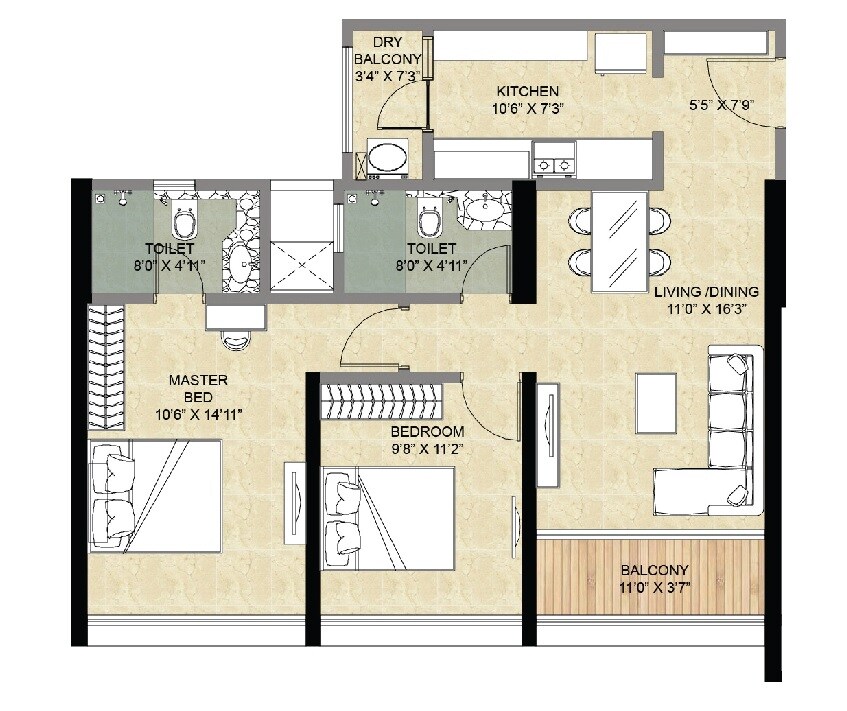 2 BHK 542 Sq. Ft. Apartment