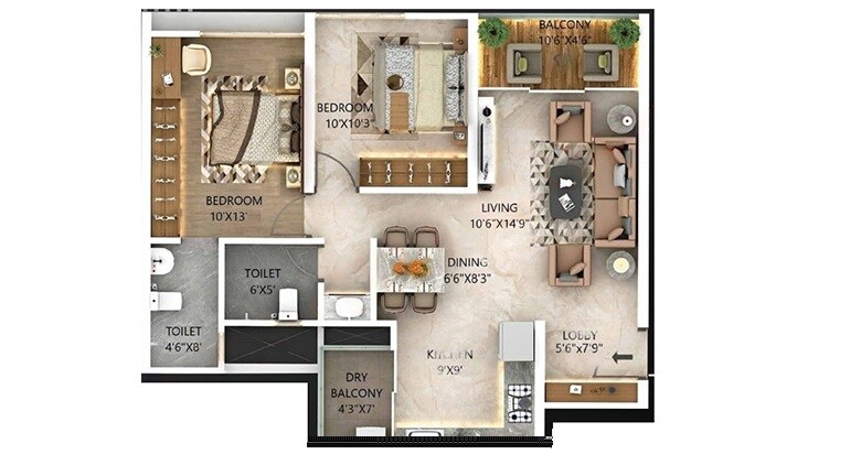 Floor plan of 2 BHK 872 Sq. Ft. Apartment in Majestique New Friends, Pune