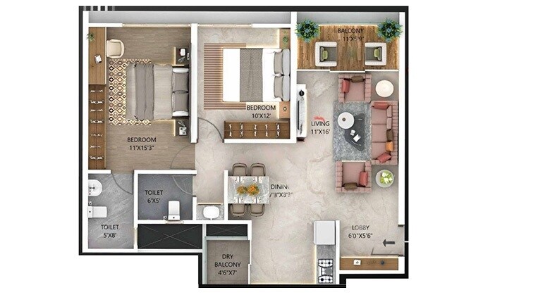 Floor plan of 2 BHK 780 Sq. Ft. Apartment in Majestique New Friends, Pune