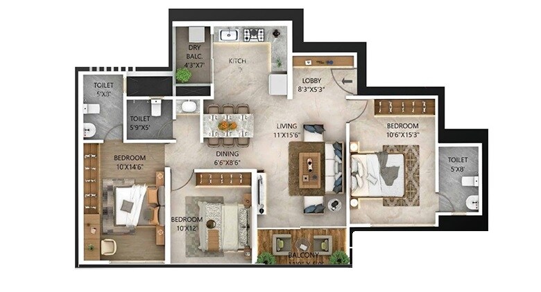 Floor plan of 3 BHK 1156 Sq. Ft. Apartment in Majestique New Friends, Pune