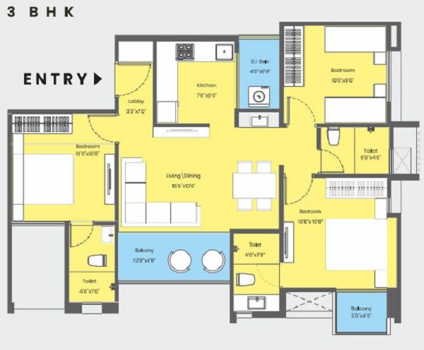 Floor plan of 3 BHK Apartment - 893 sq. ft. in Majestique Rhythm County, Pune