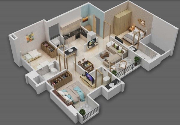 Floor plan of 3 BHK Apartment - 791 sq. ft. in Majestique Rhythm County, Pune
