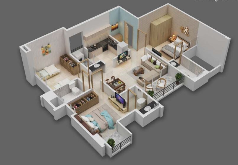 Floor plan of 3 BHK 717 Sq. Ft. Apartment in Majestique Rhythm County Phase 1, Pune