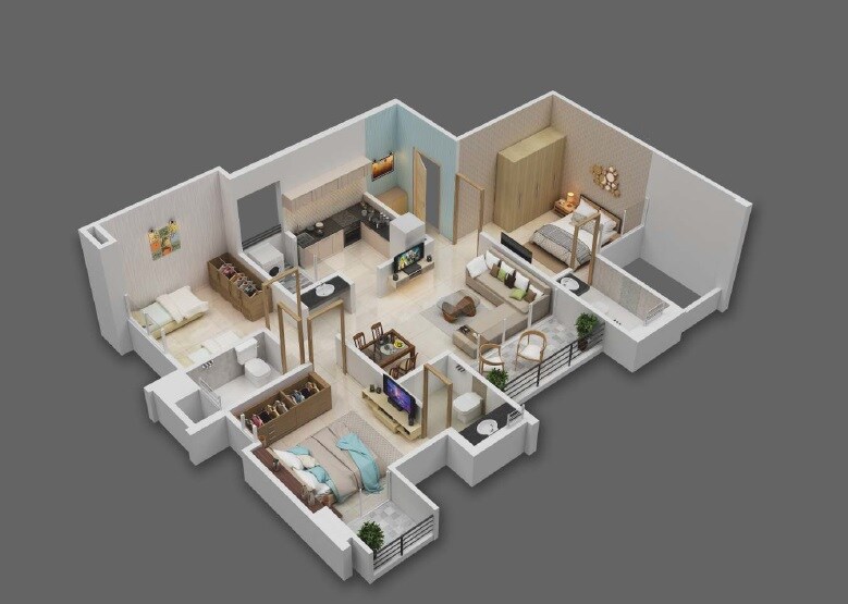 Floor plan of 3 BHK 790 Sq. Ft. Apartment in Majestique Rhythm County Phase 2, Pune