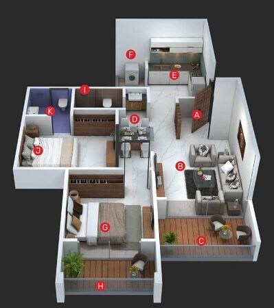 Floor plan of 2 BHK 835 Sq. Ft. Apartment in Majestique Signature Tower Phase 2, Pune
