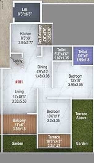 Floor plan of 2 BHK 865 Sq. Ft. Apartment in Majestique Signature Tower Phase 2, Pune