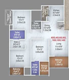 Floor plan of 3 BHK 1088 Sq. Ft. Apartment in Majestique Signature Towers Phase 1, Pune