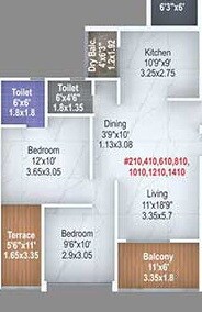 Floor plan of 3 BHK 899 Sq. Ft. Apartment in Majestique Signature Towers Phase 1, Pune