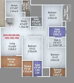 Floor plan of 3 BHK 946 Sq. Ft. Apartment in Majestique Signature Towers Phase 1, Pune
