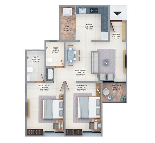 2 BHK 688 Sq. Ft. Apartment